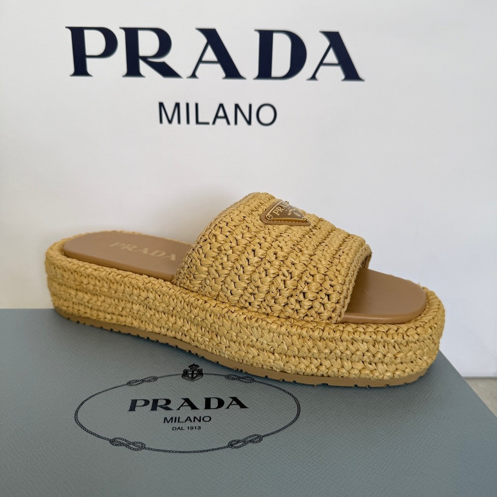 Prada 1XZ761 Crochet flatform slides Raffia Sandals, Women size 40 US 10) - Picture 5 of 16